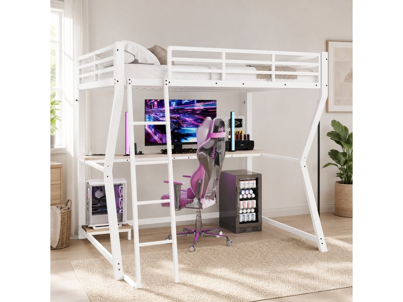 Lit mezzanine 90x200 cm avec bureau, éclairage led, prises usb, métal et mdf, blanc - Conforama B
