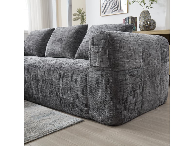  Canapé 3 places en chenille gris avec méridienne, 3 coussins et poches latérales intégrées  - Conforama W