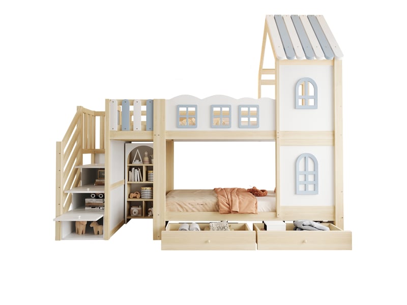  Lit superposé cabane 90 × 200 cm, escalier, étagères, tiroirs et toit décoratif, pin, mdf et contreplaqué, blanc et gris  - Conforama A