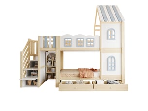 Lit superposé cabane 90 × 200 cm, escalier, étagères, tiroirs et toit décoratif, pin, mdf et contreplaqué, blanc et gris