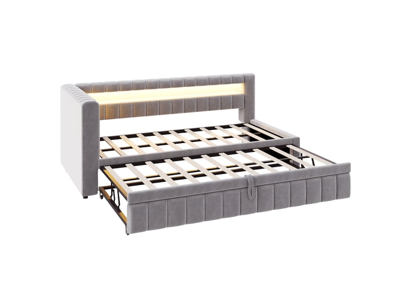  Lit extensible 90 × 200 cm led, usb et usb-c en velours - gris clair C-CRAFTLINK - Conforama E