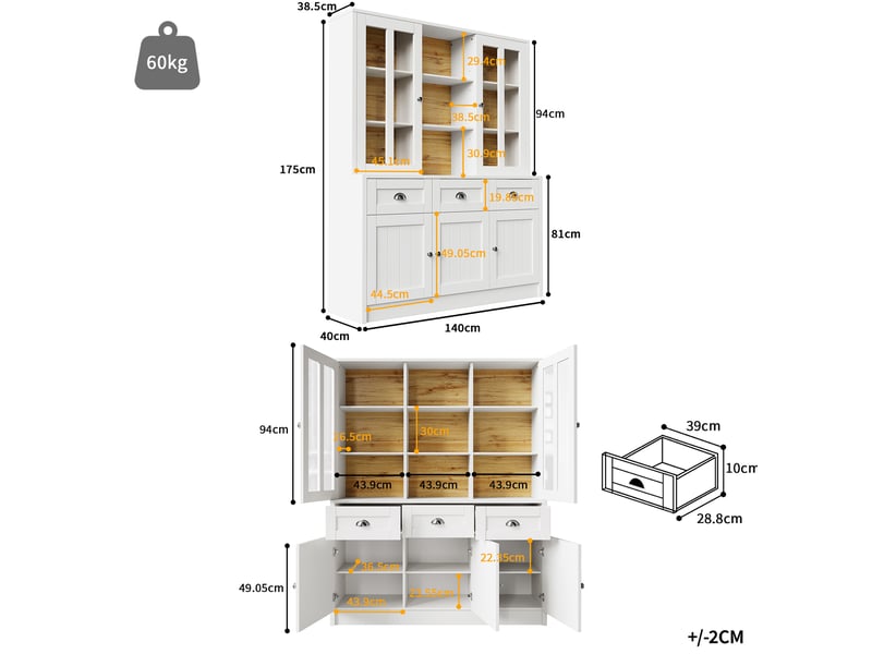  Meuble haut de rangement 140 x 38,5 x 175 cm blanc, mdf et acrylique, vitrine avec tiroirs  - Conforama C