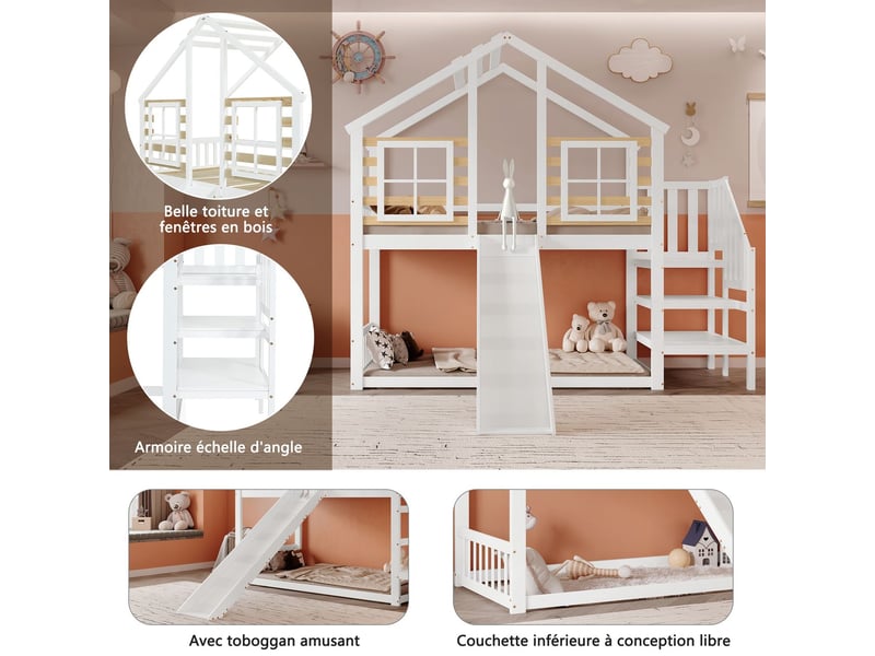  Lit superpose cabane90x200- avec escaliers et toboggans sécurité  - lit superposé - barrière sécurité - protection antichute - blanc  - Conforama E