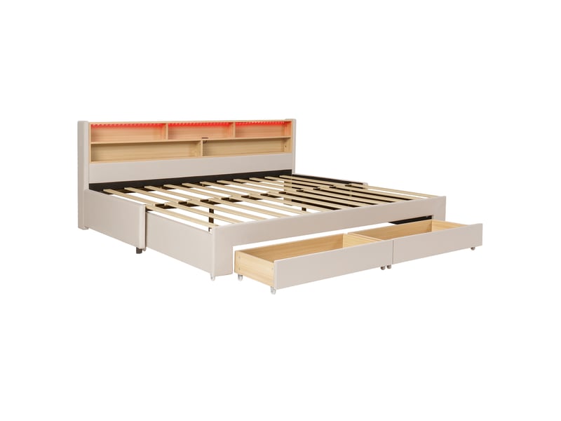 Lit pour adulte 90 x 200 cm, équipé de 2 tiroirs, avec prise usb et éclairage led, en velours, beige - Conforama E