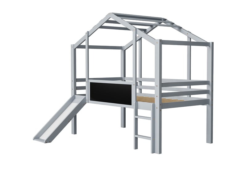  Lit mezzanine enfant gris en bois massif, lit simple avec toboggan, échelle et tableau, 200x90 cm, sans matelas  - Conforama E