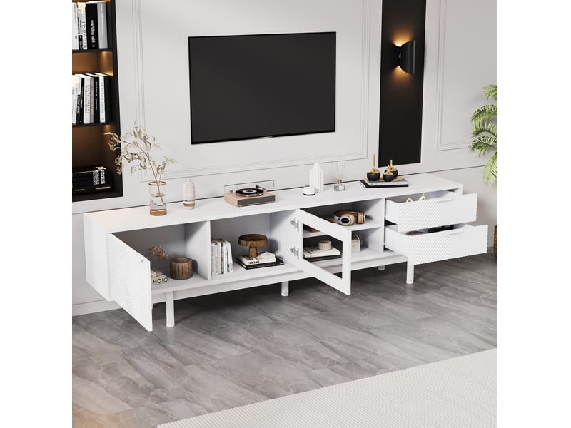  Meuble tv 200x40x50,5cm, 2 portes, 2 tiroirs et 1 étagère, conception de la ligne, moderne, structure aggloméré, blanc  - Conforama D