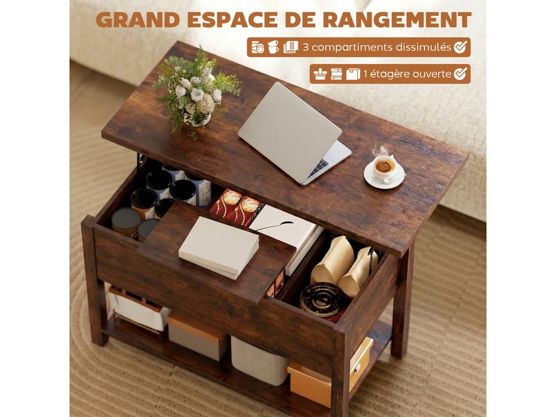  Table basse relevable et extensible table de salon avec compartiment caché étagère ouverte 100x45x50,5cm brun rustique  - Conforama E
