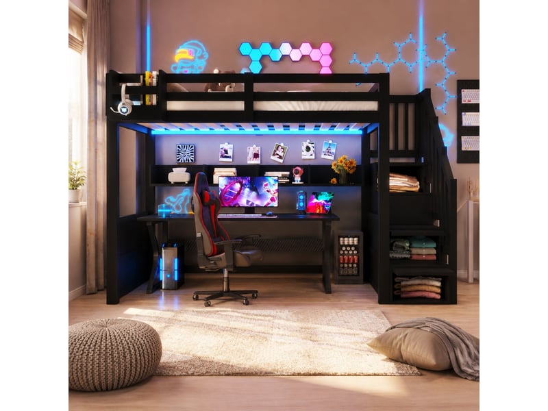  Lit mezzanine 90x200 cm en bois et mdf avec rangements, led et escalier noir  - Conforama B