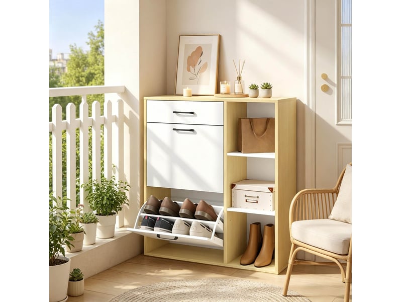  Meuble à chaussures 80x30x90 cm blanc en mdf, 1 tiroir, 2 compartiments abattants et 3 niches ouvertes  - Conforama D