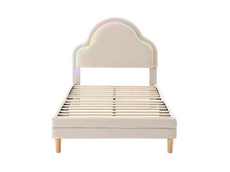  Cadre de lit simple 90x200 cm velours beige tête de lit nuage avec led multicolore et sommier  - Conforama A