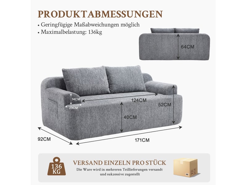  Canapé modulable 2 places modenvie convertible en velours côtelé gris 170 x 90 x 65 cm avec deux coussins  - Conforama C