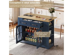 Îlot de cuisine avec table pliante, prises électriques, 120cm