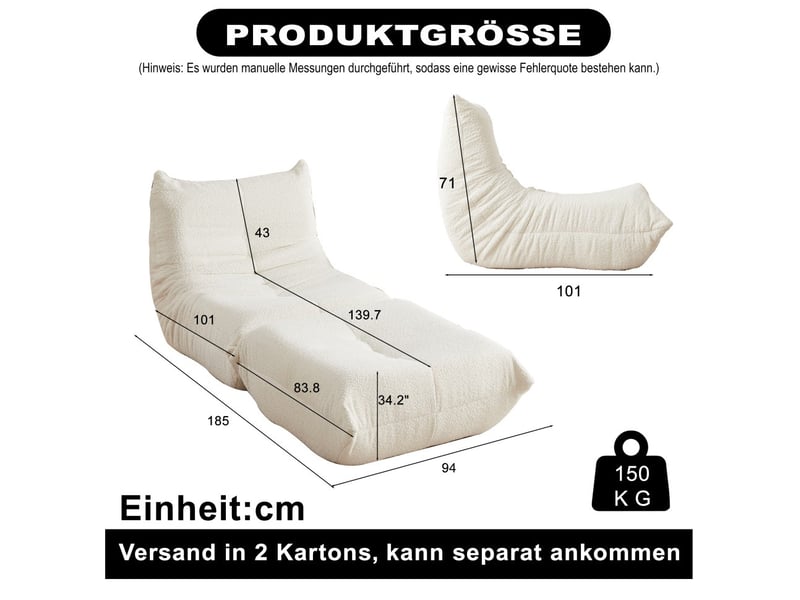 Fauteuil de sol et repose-pieds, chauffeuse ergonomique, mousse haute densité, salon, max 150kg, en chenille blanc  - Conforama E
