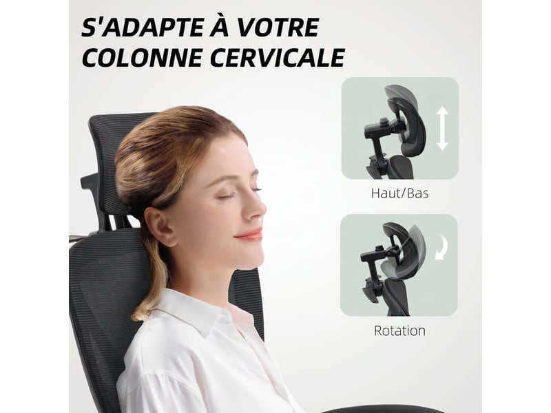  Chaise bureau ergonomique avec appui-tête réglable, fauteuil de bureau inclinable en maille, dossier séparé, noir  - Conforama R