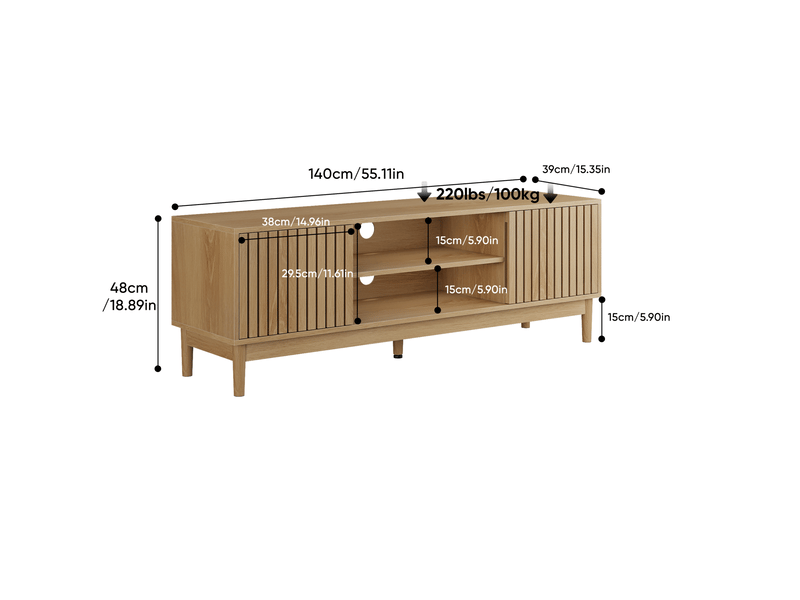  Meuble tv 140x39x48 cm avec rangements et portes, coloris chêne clair  - Conforama C