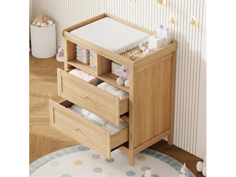  Commode à langer multifonctionnelle 82x50x90 cm en mdf couleur bois clair, convertible avec tiroirs, sans coussin  - Conforama E