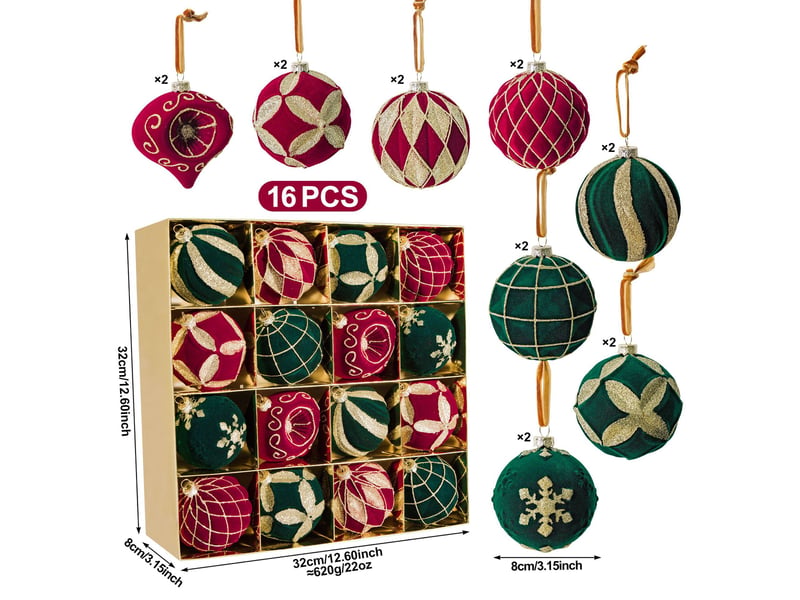  Lot de 16 boules de noël velours bordeaux foncé + vert foncé, 8cm – paillettes dorées, décoration pour sapin et fêtes  - Conforama B