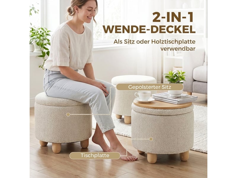  Pouf coffre rond couvercle réversible aspect lin beige 38,5x38,5x33,5 cm  - Conforama D