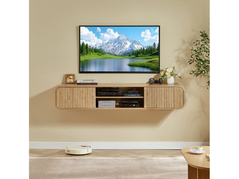  Meuble tv mural 160 cm en panneau de particules, rangement ouvert, naturel  - Conforama D
