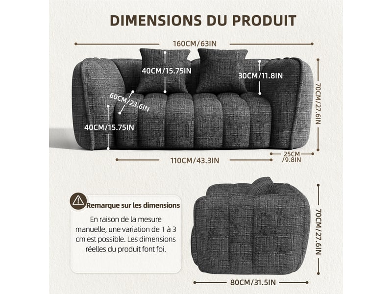 Lexzurn canapé droit compressé fixe,canapé droit fixe,avec coussin,conception ergonomique,profondeur d'assise accrue 60 cm,adapté à de nombreux contextes,base antidérapante  - Conforama B