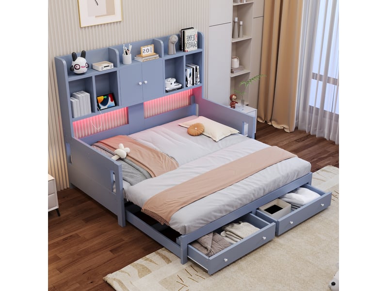 Lit gigogne 90x190-180x190 cm, tiroirs rangement, lit banquette, lit enfant, prise usb, led, bois, gris, sans matelas  - Conforama D