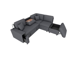 Canapé d'angle convertible 5 places avec méridienne modulable, coffre de rangement et pouf, usb-c, lampe de lecture - gris