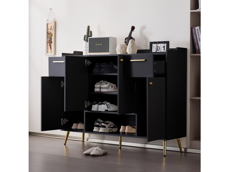  Meuble à chaussures ulevr avec rangement, 130 x 37 x 100 cm, 2 tiroirs, 4 portes et niche ouverte, panneau de particules noir  - Conforama E