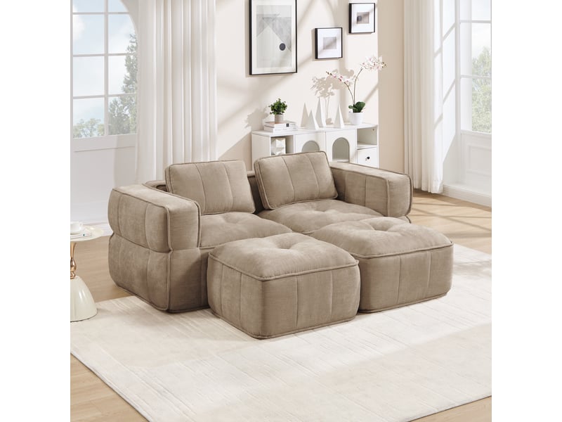  Canapé 2 places - 198x162x67cm - canapé modulaire avec 2 poufs repose-pieds en mousse 32d sans cadre - sable  - Conforama B