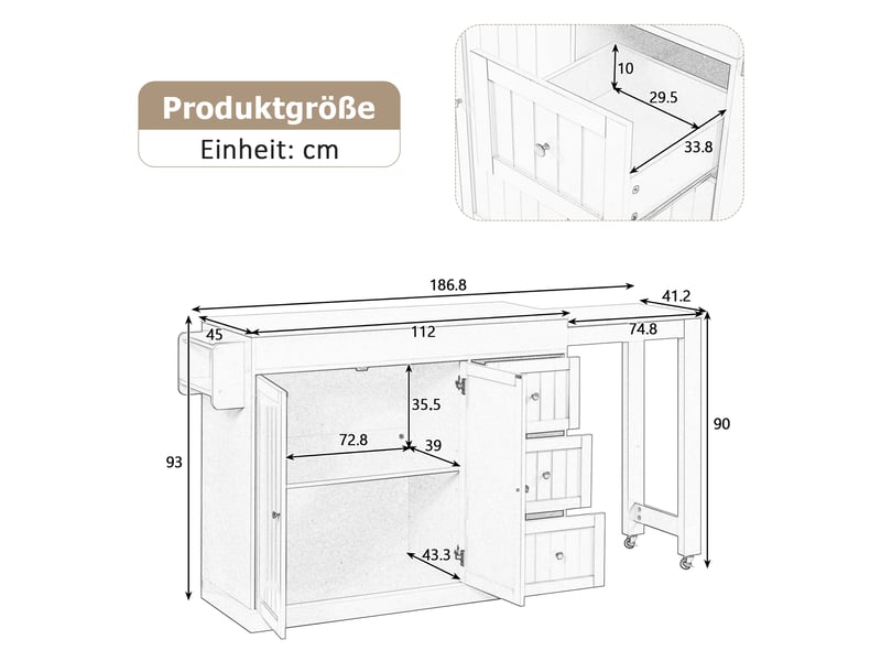  Îlot de cuisine sur roulettes 186,8x45x93 cm extensible mdf noir  - Conforama C