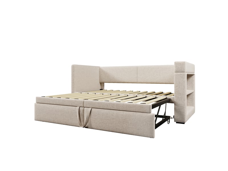  Lit gigogne enfant 90x200cm, canapé-lit, rangement, charge, sommiers, cotton lin beige, sans matelas  - Conforama E