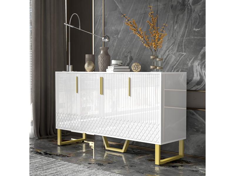 Buffet blanc 140x40x80 cm – 4 portes, design géométrique, pieds et poignées métal, meuble salon moderne - Conforama E