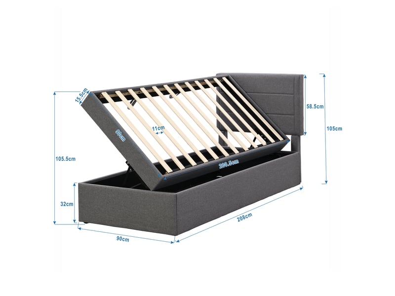  Lit rembourré 90 x 200 cm sans matelas, sommier à lattes, grand rangement, gris pour chambre  - Conforama B