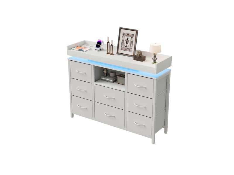  Commode 8 tiroirs avec led et prises - 108 x 30 x 82 cm-blanc - meuble de rangement avec station de charge et étagère ouverte  - Conforama A