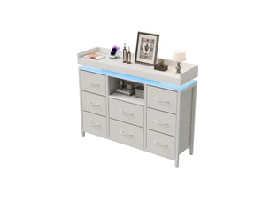 Commode 8 tiroirs avec led et prises - 108 x 30 x 82 cm-blanc - meuble de rangement avec station de charge et étagère ouverte