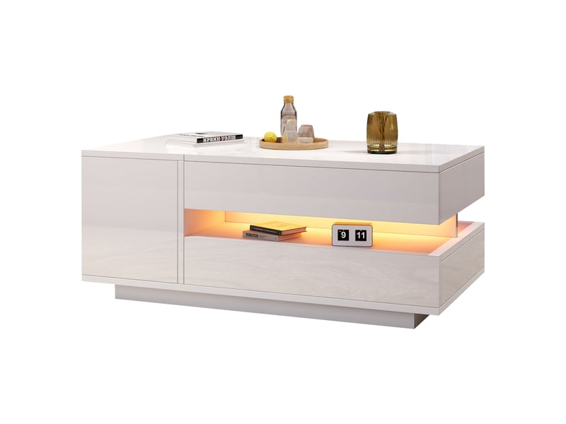 Table basse relevable blanche 95x50cm, table de salon avec led et plateau hydraulique, table basse avec rangement caché  - Conforama E