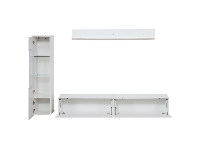  Ensemble meuble tv mural 3 pièces blanc brillant avec led, meuble tv, vitrine et étagère suspendue pour salon  - Conforama D