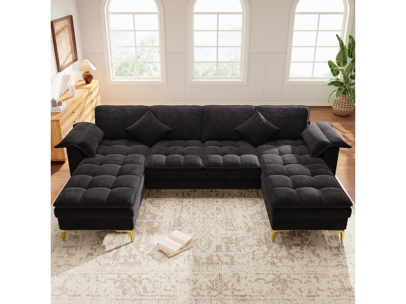 Canapé d'angle panoramique fixe 4 places tissu noir - Conforama D