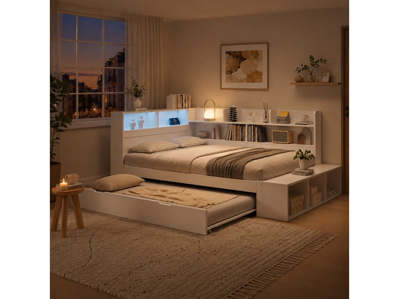 Lit gigogne modenvie fonctionnel 120 x 200 cm avec rangement led et port de charge blanc - Conforama D