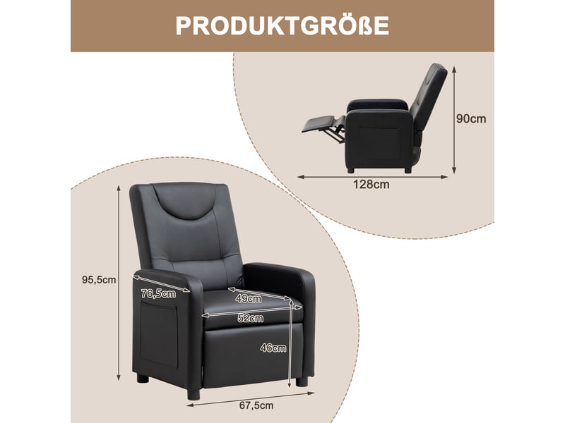  Fauteuil relax inclinable,76,5x67,5x95,5 cm,avec repose-pieds,similicuir,noir  - Conforama C