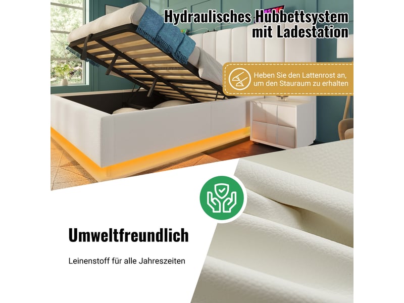  Lit rembourré 180x200 rayofi, coffre de rangement hydraulique, éclairage led contrôlé par application, ports usb-c et usb, cadre à lattes, pu blanc, matelas inclus  - Conforama W