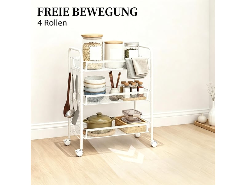 Desserte roulante 3 niveaux avec paniers, chariot de rangement cuisine mobile, blanc - Conforama D