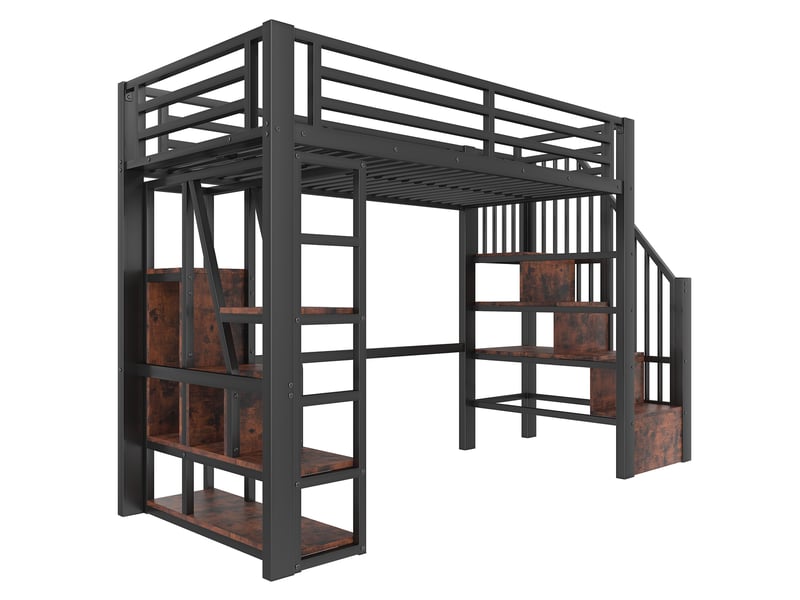  Lit mezzanine noir 90 × 200 cm, cadre métal, led, rangements, échelle et garde-corps  - Conforama E