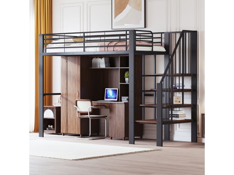  Lit mezzanine 90x200 cm avec espace de rangement spacieux sous le lit et les escaliers, sans matelas, en métal et bois, noir  - Conforama B