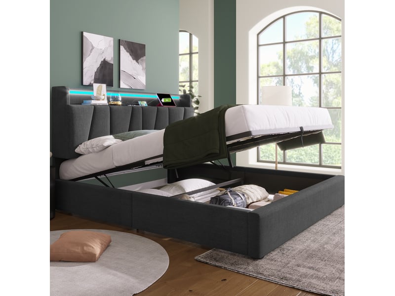  Lit coffre 160x200 gris en tissu avec tête de lit led, usb et type c, rangement pratique pour chambre moderne  - Conforama B
