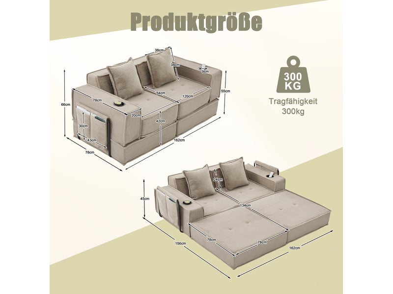  Canapé droit modulable 2 places en velours côtelé kaki avec 2 coussins et poches latérales pratiques  - Conforama C