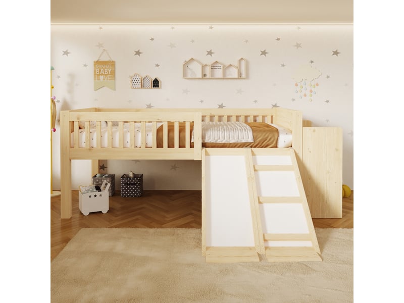 Lit mezzanine enfant 90x200 cm avec toboggan et rangements intégrés, structure en bois, pour chambre d’enfant, avec espaces de rangement - naturel - Conforama D