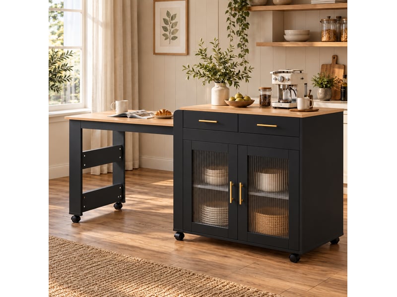  Îlot de cuisine extensible noir avec rangement, roulettes et prises intégrées  - Conforama D