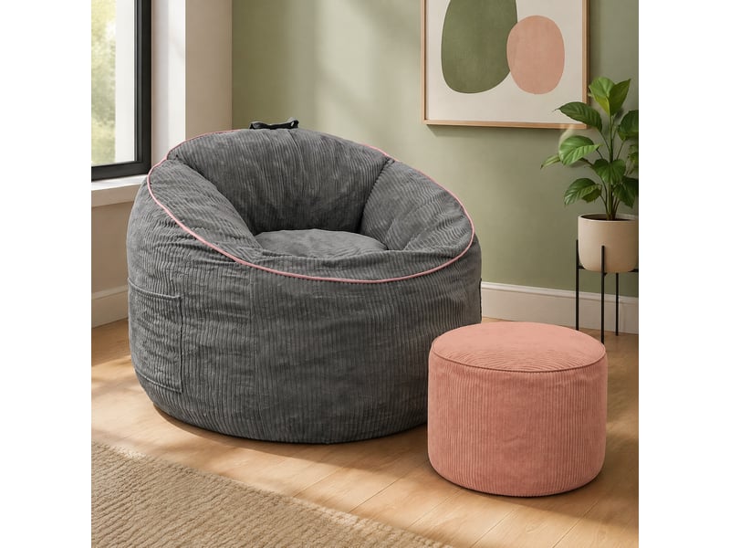  Fauteuil poire modenvie ergonomique gris avec poche de rangement et pouf cylindrique assorti  - Conforama E