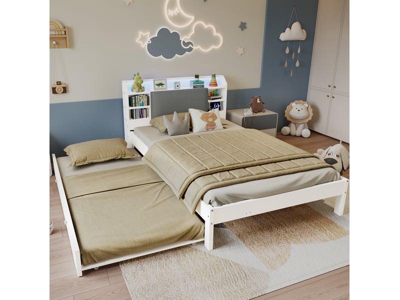  Lit gigogne jeune 120x200 cm, espace de rangement, avec led, rangement et station de charge, bois, blanc, sans matelas  - Conforama B