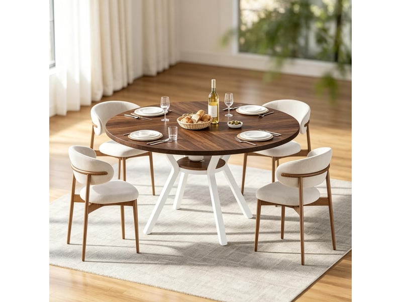  Table de salle à manger ronde pour 4 à 6 personnes avec tablette et piètement croisé en bois et métal, marron et blanc  - Conforama D